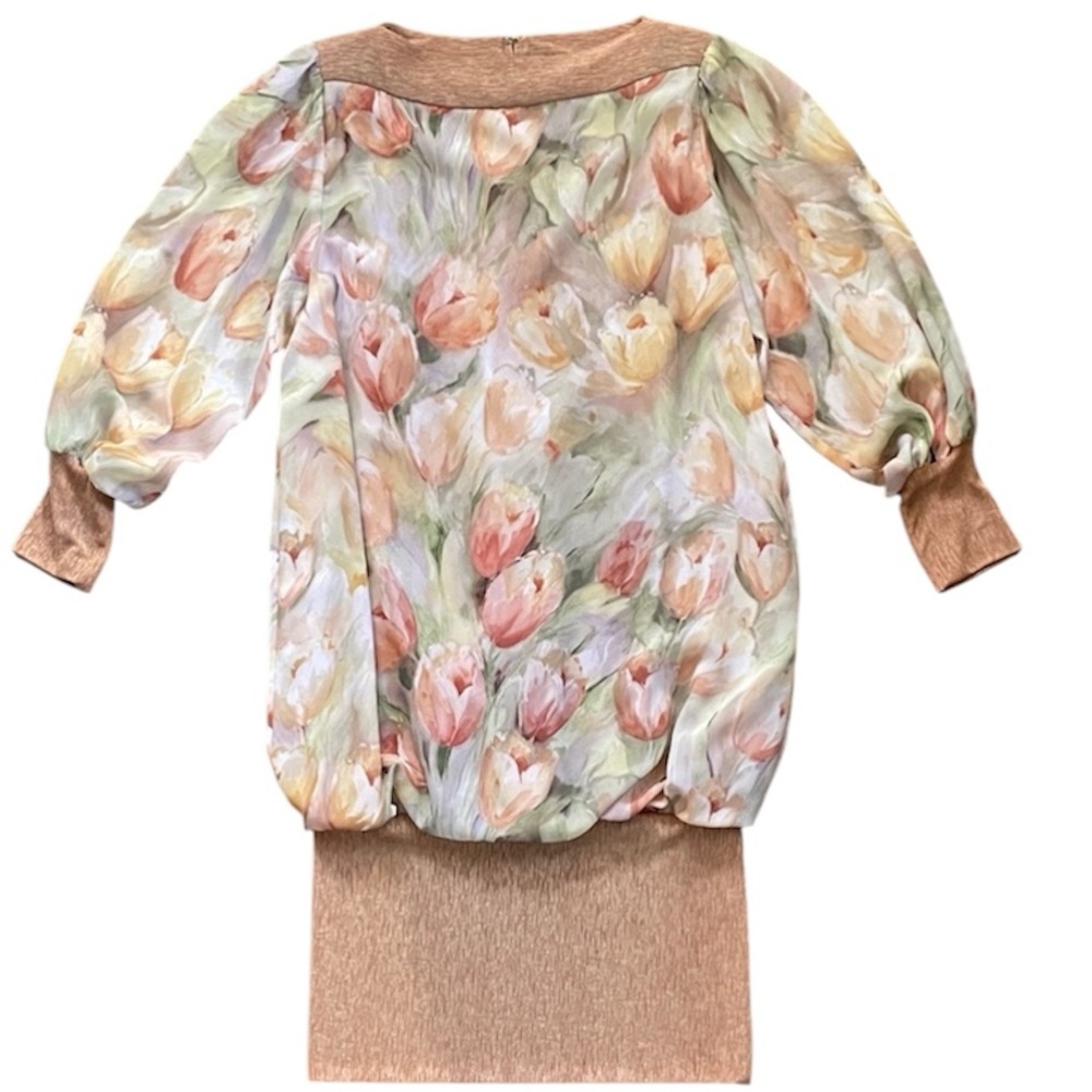 Siasia NY 80’s Vintage Floral & Orange Contrast Knit Drop Waist Dress 8 EUC